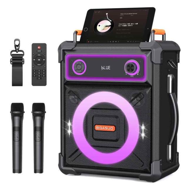 カラオケセット家庭用 BIGASUO ワイヤレスマイク スピーカーセット 拡声器 Bluetooth 5.3対応 高/中/低音調整可能 6000mAh大容量バッテリー内蔵 ポータブルスピーカー UHFワイヤレスマイク2本/リモコン付き リバーブ調整可能 伴