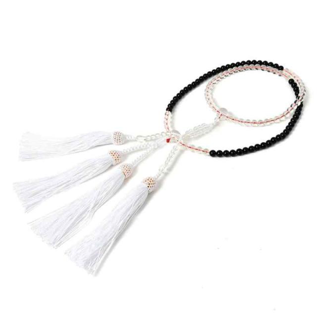 shingon.shop 念珠 数珠 真言宗 半装束 請来型 水晶 黒オニキス仕立て 頭房 (白色) 桐箱入り (尺三丸)