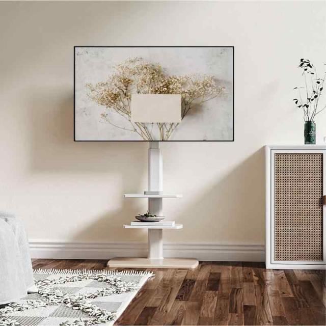 FITUEYES テレビ台 壁寄せテレビスタンド 32-70インチテレビに対応 高さ角度調節可能 耐荷重40kg 木目 木製底板 中段棚二枚付 (ブラック)の通販は