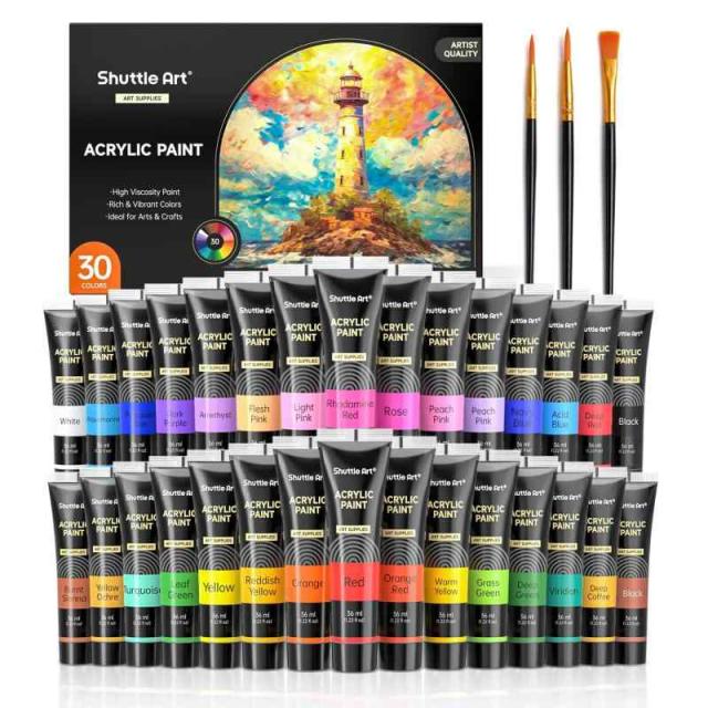 Shuttle Art アクリル絵の具 アクリル顔料 30色セット ペイントブラシ付き 速乾 耐久 チューブ 36ml 手作り 布/石/ガラス/セラミックに描ける 子供用 イラスト 塗り絵 クラフト 美術 画材 宿題 初心者 専門家 (30色)