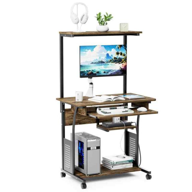 DEWEL パソコンデスク 机 pcデスク パソコンラック 収納ラック付き 木製 テーブル 木目柄 キャスター キーボードテーブル付き PCラック 省スペース シンプル メラミン加工 ワークデスク学習机 80X50X135cm (80X50X135cm)の通販は