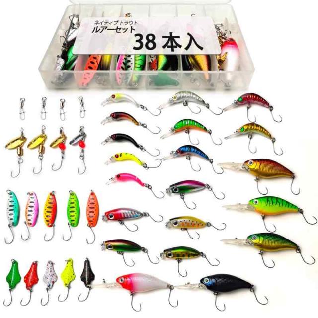 ルアーセット Vmsixvm 釣具セット 管理釣り場 渓流 ルアー 含むトラウトスプーン ルアー クランクベイト シンキングミノー スイベル スナップ スピナー ルア ニジマス バーブレスフック バス釣り 海水魚 淡水魚対応 釣り初心者に (A8-38個-