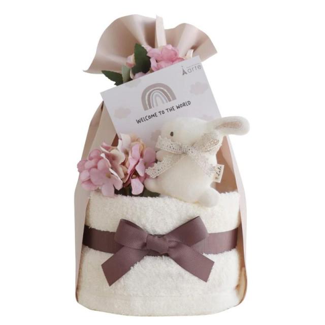 おむつケーキ 出産祝い くすみカラー オーガニック 日本製 男の子 女の子 ベビーギフト 100日 ナチュラル おしゃれ １歳［ベビーアニマル オーガニック おむつケーキ］パンパースS (クリームピンク)