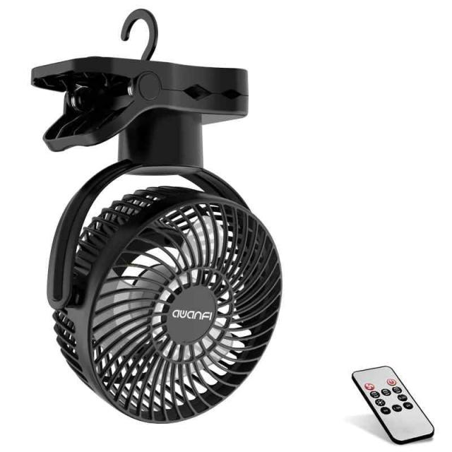 AWANFI【360度自動首振り】扇風機 クリップ 卓上 吊り下げ 10000mAh USB充電式 リモコン付き 静音 小型 風量調節可能 LEDライト搭載 キャンプ アウトドア 黒 (黒)