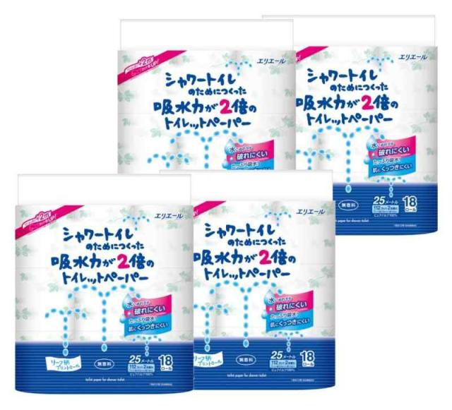 エリエール シャワートイレのためにつくった吸水力が2倍のトイレットペーパー 25m(112シート)×72ロール(18ロール×4パック)ダブル パルプ100% 【ケース販売】の通販は