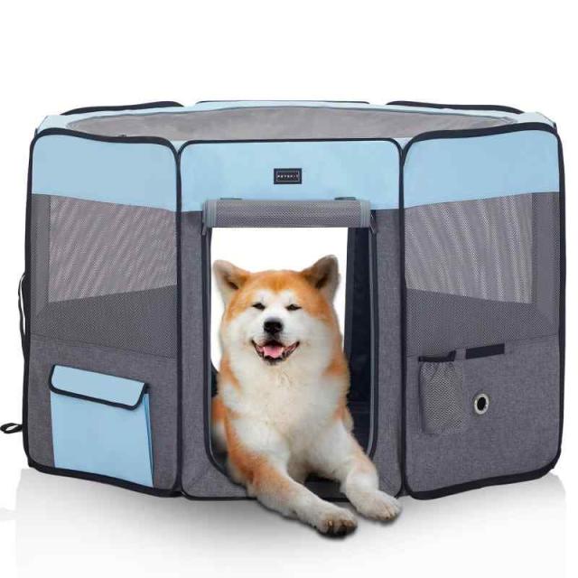 Petsfit 折りたたみサークル 八角形 プレイサークル 犬猫兼用 猫の分娩室 メッシュ 屋根付き 屋内 屋外 収納バッグ付き (ブルー)の通販は