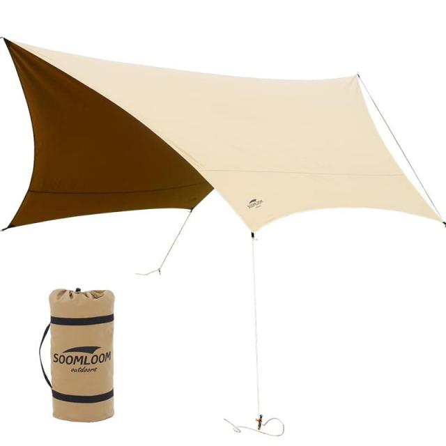 Soomloomヘキサタープ4.2ｍｘ4.1ｍ 焚き火可 ポリコットンTC ファイアプレイス 遮熱性/耐火性/耐水性優れ サンシェード アウトドア (カーキ)