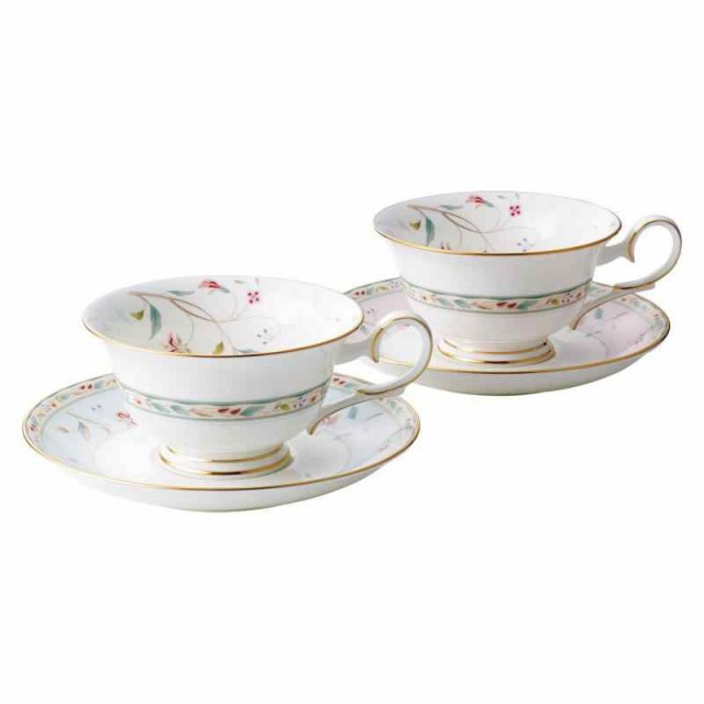 Noritake ノリタケ カップ & ソーサー ( 色変り ペアセット ) ( コーヒー ティー 兼用) 215cc 花更紗 2客 ピンク ・ ブルー ボーンチャイ