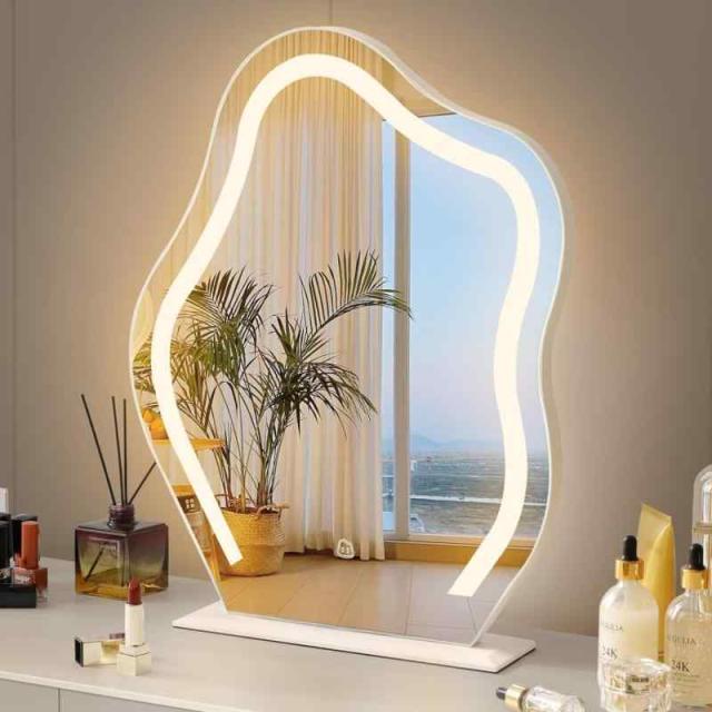 FENCHILIN 女優ミラー ハリウッドミラー 鏡 卓上 ライト付き 卓上ミラー 卓上鏡 化粧鏡 led ミラー 女優鏡 三色照明モード 無段階調光 10倍拡大鏡付き くも型 (A卓上・壁掛け両用-44.7×54.6CM-白)