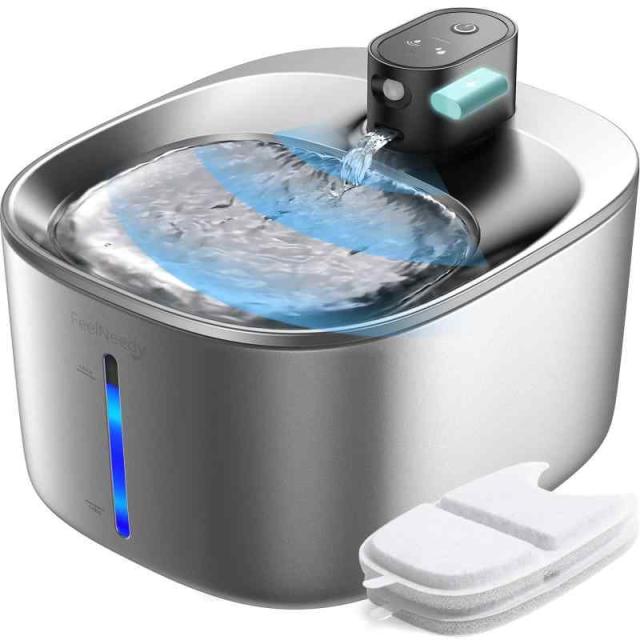 FEELNEEDY 猫 給水器 コードレス ステンレス製 猫水飲み器 充電式 4L センサー 活性炭フィルター2枚付 大容量 スマートペット用循環式自動給水器 動作検知 3つの給水モード 5重濾過 ワイヤレスポンプ 犬 猫 静音 水不足注意LEDライト付き