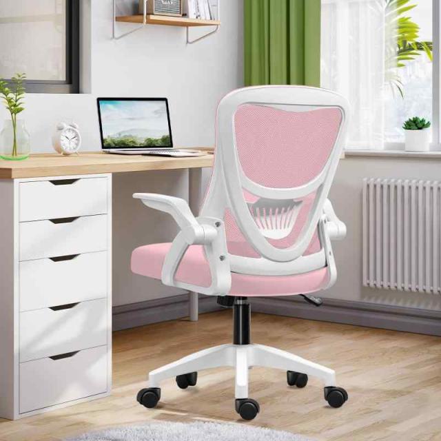 [EdoErgo] オフィスチェア 椅子 テレワーク 疲れない 跳ね上げ式アームレスト コンパクト 約105度ロッキング pc 事務椅子 360度回転 座面昇降 強化ナイロン樹脂ベース 通気性メッシュ 在宅ワーク H-WY01 (粉網+白枠+白足)