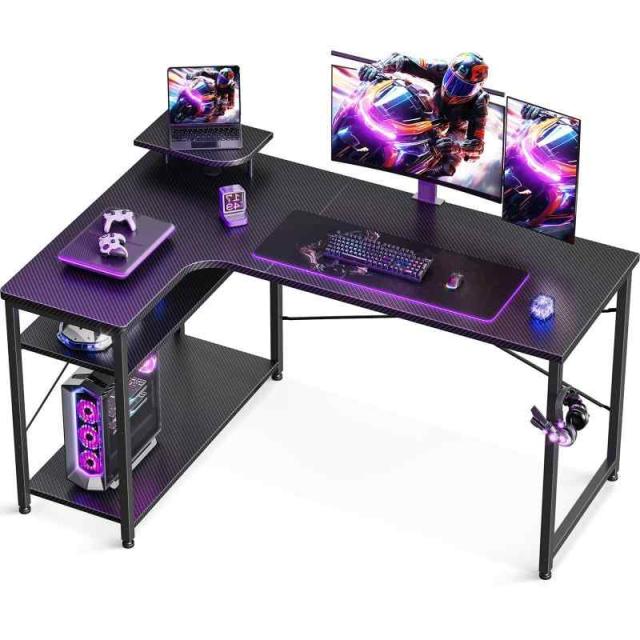 ODK パソコンデスク L字 ゲーミングデスク 左棚 (130*80*74cm, カーボンブラック)