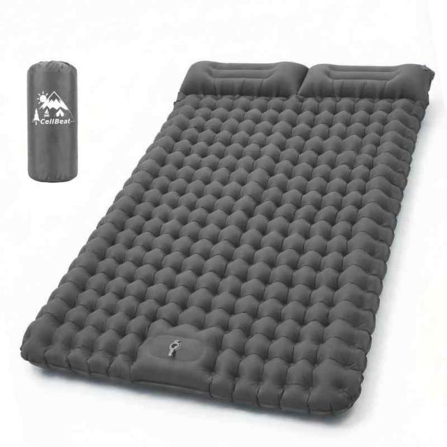 CellBeat 強化版エアーマット キャンプ マット ダブル【10cm極厚・耐荷重300kg・高R値4.0】足踏み式 耐穿刺/抗菌防撥水/二人用 人間工学枕付き 超軽量 膨らみやすい 寝心地良い 幅広設計 コンパクト 簡単収納 車中泊/防災/登山/テント