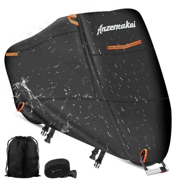 Anzentakai バイクカバー 500D 厚手【2025年 耐久性アップ】 耐水圧20000mm 車体カバー 湿気対策 耐熱 防水 風飛び防止 チェーンホール付き 2.5m防風ベルト付き 収納バッグ付き 警告反射テープあり 超撥水 紫外線防止 バイク用