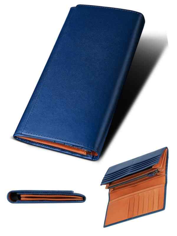 [ファブリツィオ] 財布 メンズ レディース 長財布 2つ折り マチ付き 小銭入れ 薄い 大容量 カード21枚 使いやすい イタリアン レザー 一流の革職人が作る 本革 YKKファスナー (ブルー)