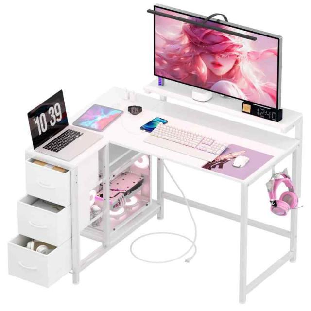 LunarLight PCパソコンデスク 幅108奥行80高さ71.8cm テレワーク L型デスク・左右組み換え自由 3段調節モニター台（10〜33.5cm対応） 引き出しとコンセント付き 収納たっぷり ゲーミングデスク オフィスデスク 書斎 収納ラック付