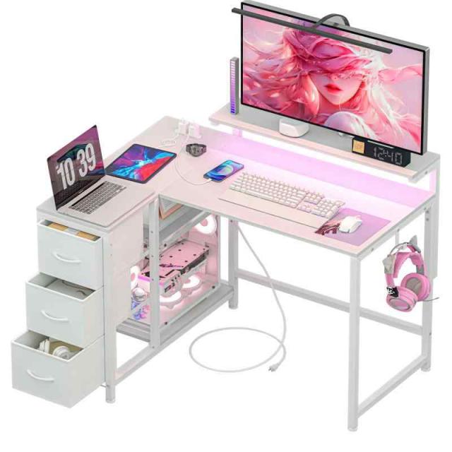 LunarLight PCパソコンデスク 幅108奥行80高さ71.8cm テレワーク L型デスク・左右組み換え自由 3段調節モニター台（10〜33.5cm対応） 引き出しとコンセント付き 収納たっぷり ゲーミングデスク オフィスデスク 書斎 収納ラック付