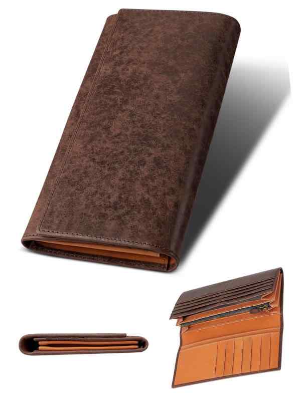 [ファブリツィオ] 財布 メンズ レディース 長財布 2つ折り マチ付き 小銭入れ 薄い 大容量 カード21枚 使いやすい イタリアン レザー 一流の革職人が作る 本革 YKKファスナー (タバコ)