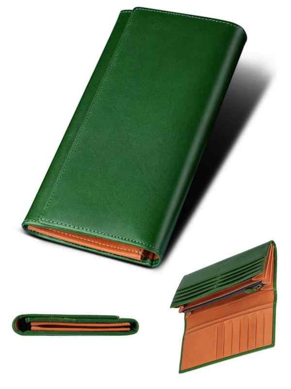 [ファブリツィオ] 財布 メンズ レディース 長財布 2つ折り マチ付き 小銭入れ 薄い 大容量 カード21枚 使いやすい イタリアン レザー 一流の革職人が作る 本革 YKKファスナー (グリーン)