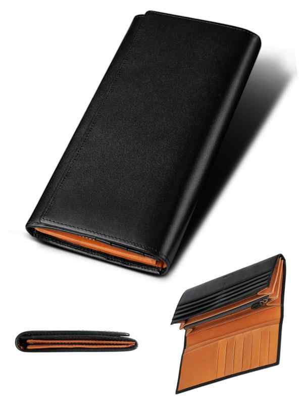 [ファブリツィオ] 財布 メンズ レディース 長財布 2つ折り マチ付き 小銭入れ 薄い 大容量 カード21枚 使いやすい イタリアン レザー 一流の革職人が作る 本革 YKKファスナー (ブラック)