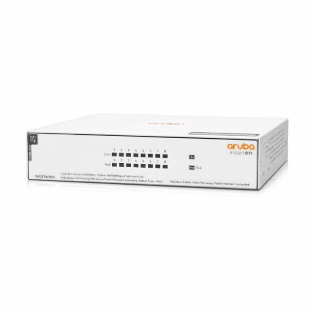 HPE Networking Instant On スイッチ・シリーズ 1430 8 ポート Gb 非管理型レイヤー 2 イーサネット・スイッチ、PoE 対応 | 8x 1G | 8x CL4 PoE (64W) | ファンレス | 日本モデル (R8R4の通販は