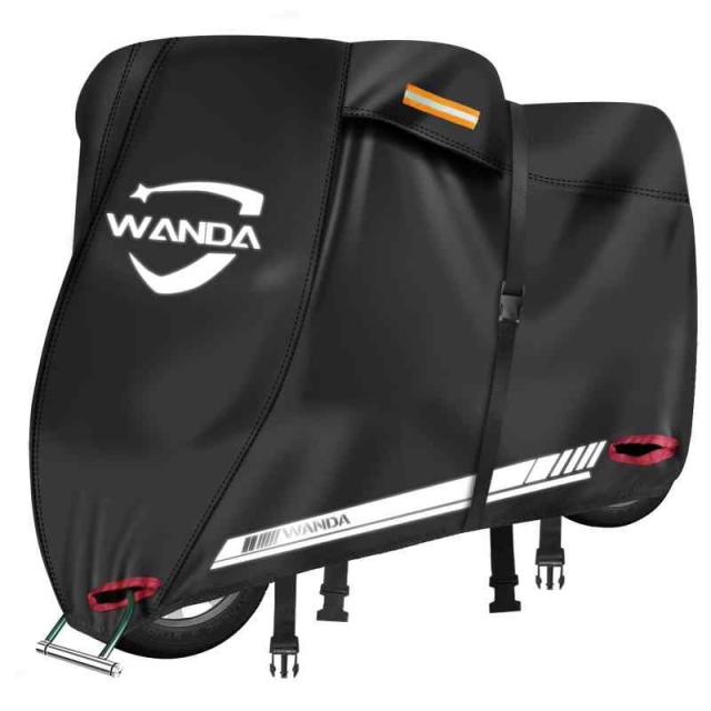 WANDA バイクカバー【420D厚手・全天候型・防水】破れにくい/耐熱/溶けない/UVカット/色褪せない/超撥水 【50cc-1800cc対応】風飛び防止/広い反射材/通気孔 オックス生地 (ブラック, XXXL：270*110*130)