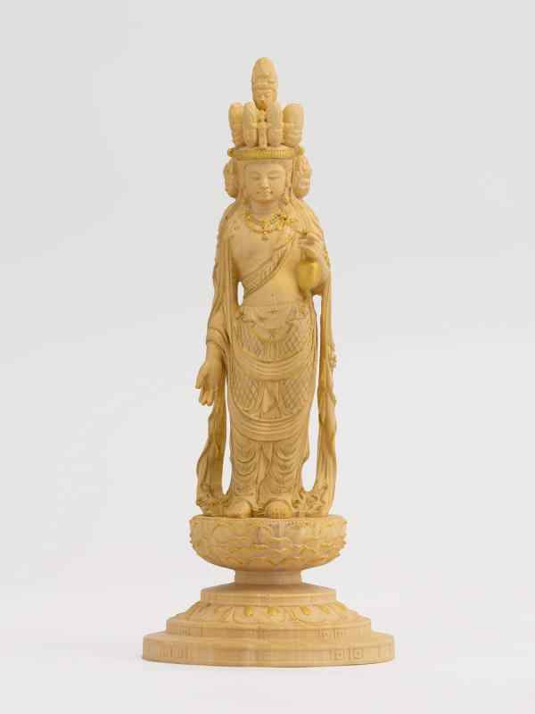 極小仏 十一面観音−12.5cm向源寺型（木製：ツゲ 金泥仕上）＿観世音菩薩 仏像 フィギュア 木彫り 置物（GSBじゅういちめんかんのんKGZ