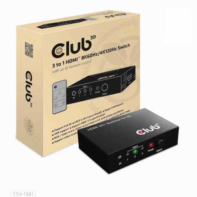 Club3D HDMI 8K60Hz / 4K120Hz 3入力1出力 切替器 スイッチボックス Switch Box リモコン付き (CSV-1381)