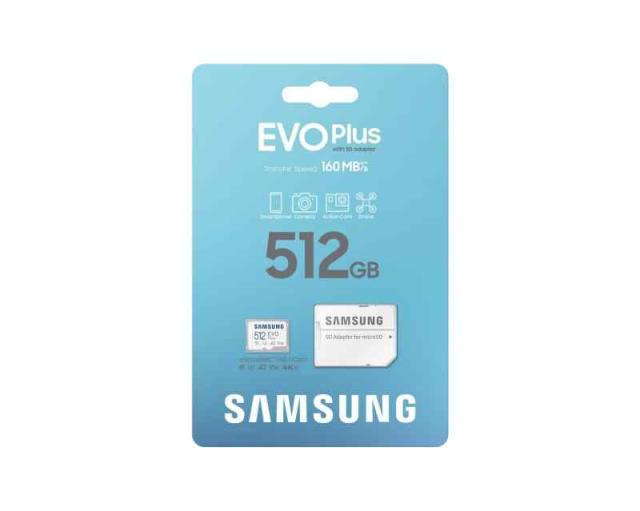 Samsung EVO Plus Micro SD記憶装置歌留多。 (512 GB, APC。)