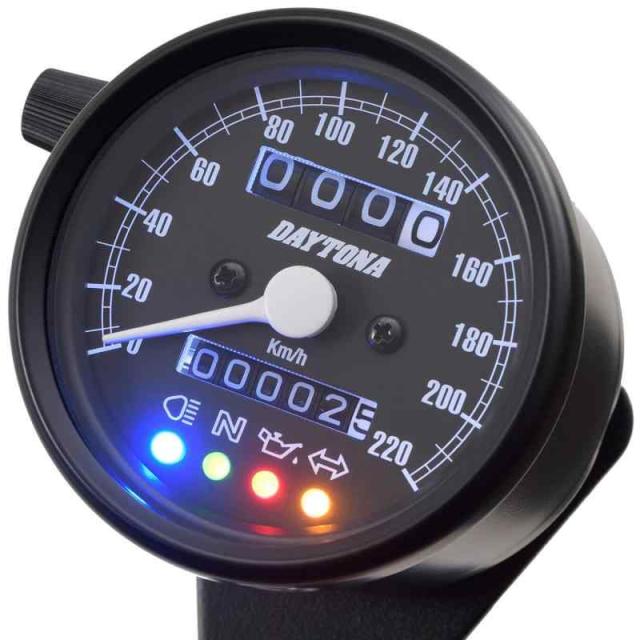 デイトナ バイク用 機械式 スピード (ブラックボディ/ブラックパネル, 220km/h インジケーター付き)