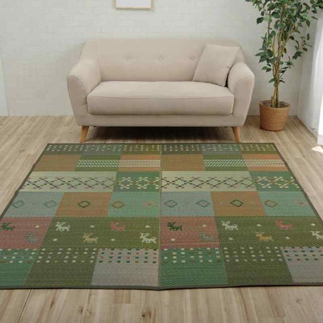 イケヒコ い草 ラグ 裏ばり 花ござ カーペット ラグ ギャッベ柄 抗菌防臭 消臭 DXセレナ 江戸間6畳 約261×352cm 裏:不織布 グリーン #4337806