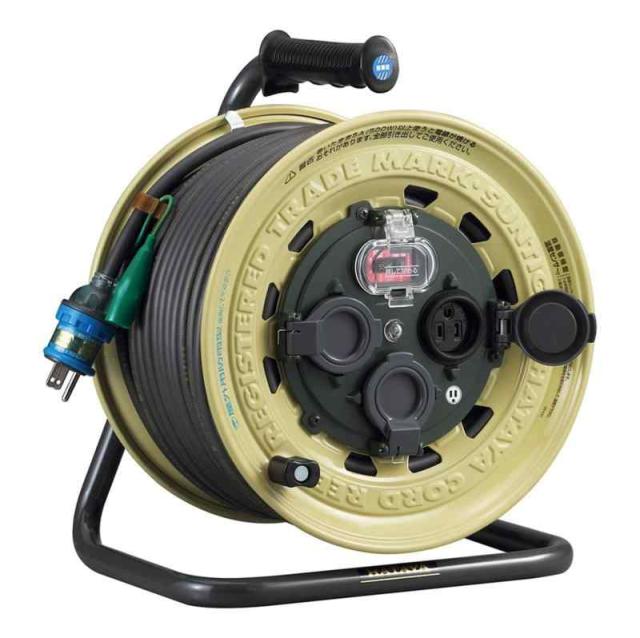 ハタヤ (HATAYA) コードリール 屋外用 (防雨型) 100V型 コード50m 太さ2.0？ 漏電遮断器 接地付 安全防雨構造設計 (IP55) 温度センサー内蔵 (電線溶解防止機能) コンセント3個 コンセント防雨キャップ パイロットランプ内蔵 防