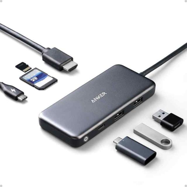 Anker USB Cハブ 341 USB-Cハブ (7-in-1) 4K HDMI 100W Power Delivery、USB-Cと2つのUSB-A 5Gbpsデータポート、microSDとSDカードリーダー、MacBook Air、MacBook