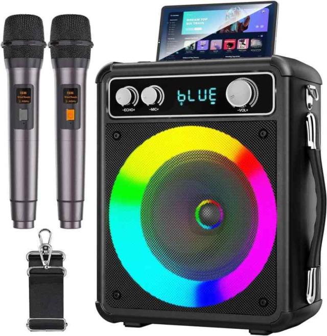 VOSOCO カラオケセット ワイヤレスマイク２本 スピーカーセット 家庭用 カラオケマイク 拡声器 Bluetooth 5.0 PAセット 小型 カラオケマシン ポータブルスピーカー AUX/USB/TF対応 ホームパーティー/会議/スピーチ/学校行事/