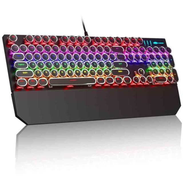 MageGee タイプライター メカニカル ゲーム用キーボード レトロ ブラック パンク ラウンド キーキャップ RGB レインボー バックライト 有線キーボード ノートパソコン Mac PC ゲーマー用 磁気リストレスト付き - ブルースイッチ