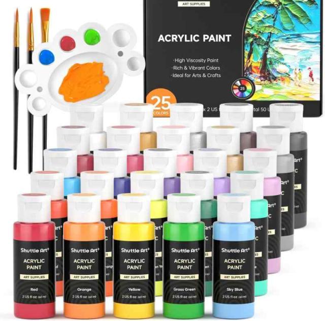 Shuttle Art アクリル絵の具 25色 絵の具セット 60ml ブラシ3本 パレット付き キャンバス/石/木/ガラス/セラミックに描ける 画材 イラスト 塗り絵 クラフト 美術 (基本色)