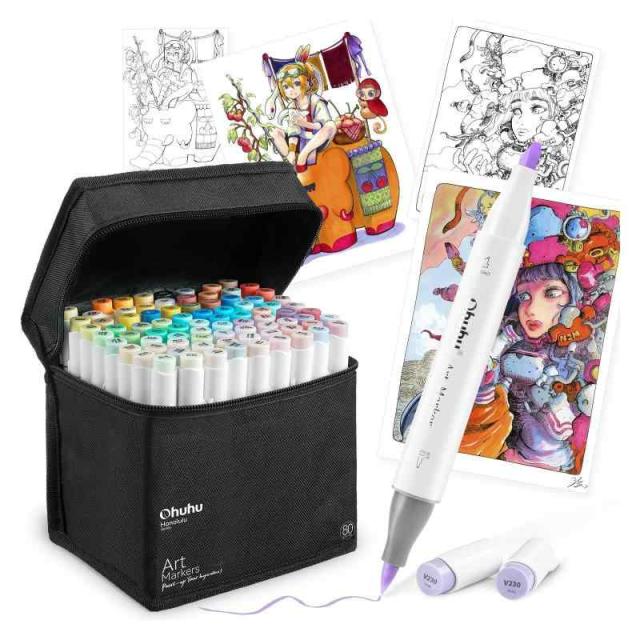 Ohuhu イラストマーカー 筆タイプ 80色81本 プロ愛用 パステル 日本の伝統色 薄色マーカーペン アルコール系 ブレンダーペン付き (筆・太字)の通販は 5,609円