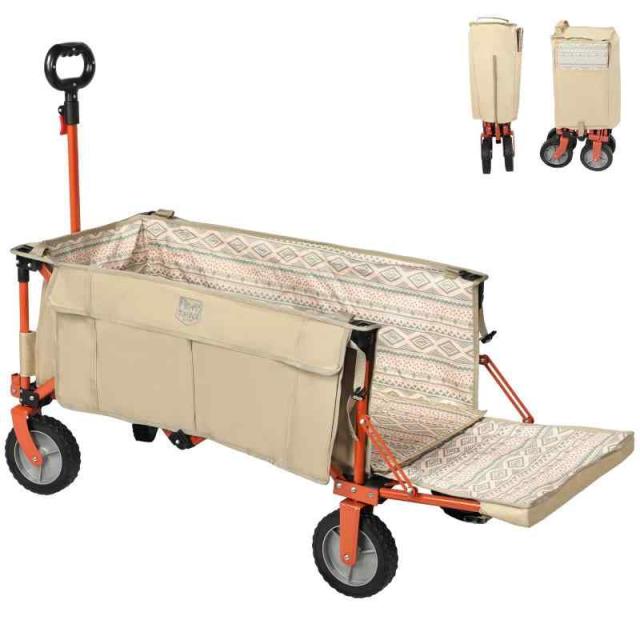 TIMBER RIDGE アウトドアワゴン 折り畳み 長物対応 特許取得の一動作式収束型 耐荷重135kg 大容量173L 自立収納 収納ポケットつき キャリーワゴン アウトドアキャリー キャンプワゴン ループ付き (ベージュ(ブレーキなし))