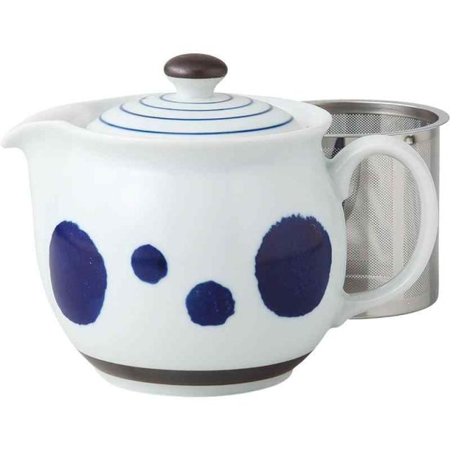 波佐見焼 ティーポット 丸紋ライン柄 (スーパーステンレス 茶こし付) 容量約450ml 日本製 14049