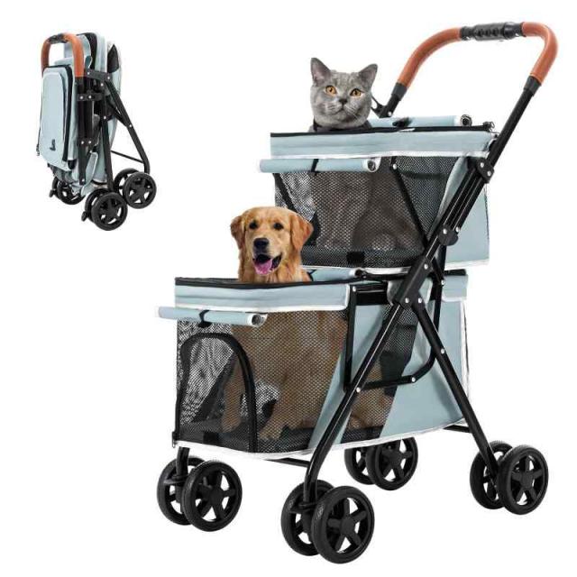 LPOTIUS ペットカート 多頭 上下2段式 ペットバギー ワンタッチ 折りたたみ 犬用ベビーカー コンパクト 収納便利 4輪 前輪360°回転 後輪ブレーキ付き 軽量 犬用カート 小型犬 中型犬 犬猫兼用 耐荷重20KG 上段8KG 下段12KG 多頭