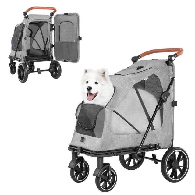 LPOTIUS ペットカート 大型犬 中型犬 多頭用 ドッグカート ワンタッチ 折りたたみ式 耐荷重50KG ペットバギー 扉付き 出入りラクラク 4輪 犬用ベビーカー 前輪360°回転 後輪ブレーキ付き お出かけ 散歩 通院 老犬介護用 カート 組み立て