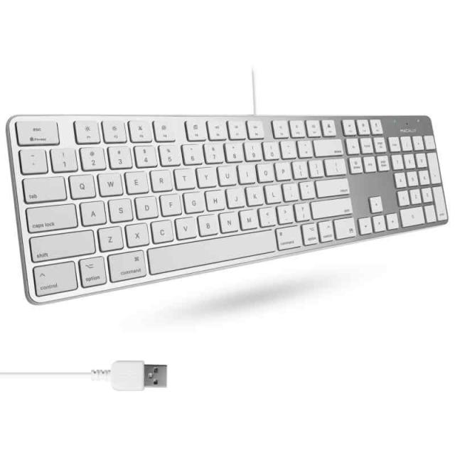 Macally 超薄型 USB A 有線キーボード テンキー付き Apple Mac Pro、MacBook Pro/Air、iMac、Mac Mini、ラップトップ コンピュータ、Windows デスクトップ PC ラップトップ用 シルバー (SLIMK