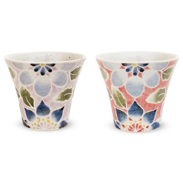 ジェイキッチンズ 勲山窯 総手描き ペアー カップ (湯呑み) 波佐見焼 日本製 140cc ストロベリー フラワー (パープル レッド) S