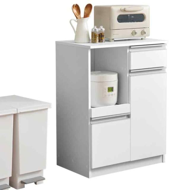 萩原 レンジボード 幅60 食器棚 キッチンラック レンジ台 作業台 大容量 ２口コンセント 扉付き VKC-7142 (ホワイト)