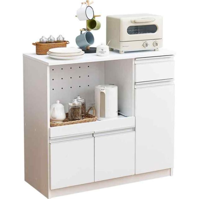 萩原 キッチンカウンター 食器棚 チェスト レンジ台 大容量 ２口コンセント 付き 幅89 1台 VKC-7150 (ホワイト)