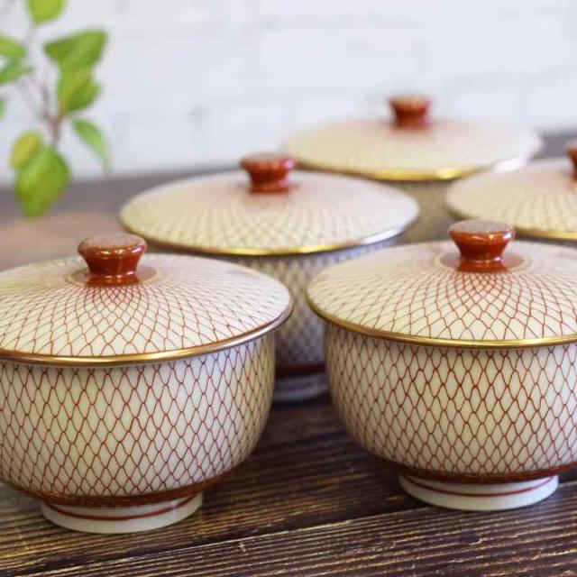 和座の蔵 おしゃれ 湯呑み茶碗 九谷焼 蓋付 湯呑み 5客 セット 赤網 陶器 高級 ブランド 来客用 和食器 日本製 新築祝い 開店祝い 結婚祝い プレゼント ギフト