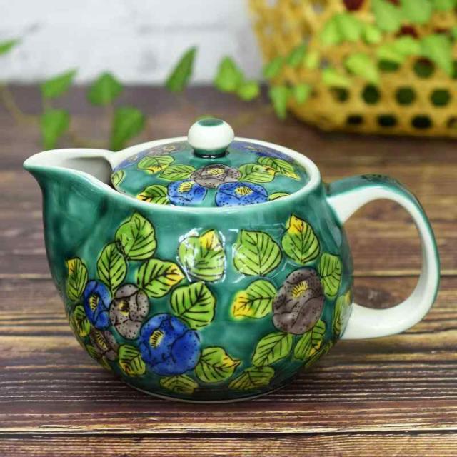 急須 おしゃれ 食器 九谷焼 ポット グリーン椿 陶器 ブランド 和食器 日本製 茶こし網付