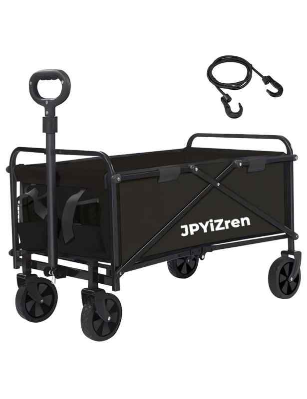 JPYiZren キャリーワゴン 折りたたみ式キャリーカート アウトドアキャンプカート ワイドタイヤ搭載 大容量120L 耐荷重100kg 自立式収納 BBQ 釣り キャンプ 運動会用などに最適 (ブラック)
