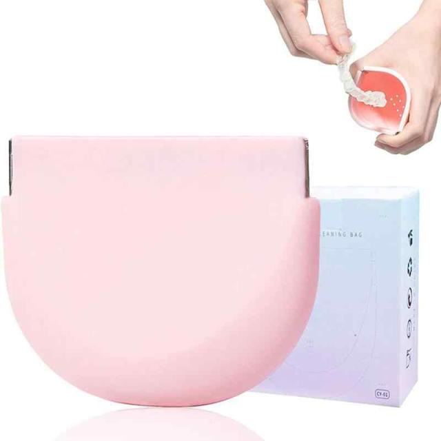 xuanli ミラー付きスリムリテーナーケース、マウスピース、おしゃれな義歯・部分入れ歯ケース、携帯用洗浄ツール付 (ピンク, シリコンポーチ)