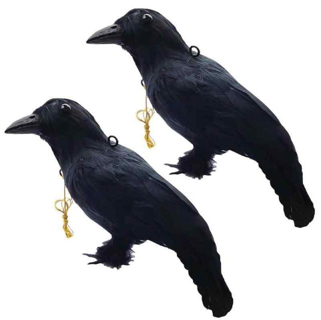 ONESORA カラスよけ 鳥よけグッズ 本物そっくり リアル羽毛カラス 設置簡単 ぶら下げて吊るすだけ カラス撃退 (原寸体サイズ 2羽)